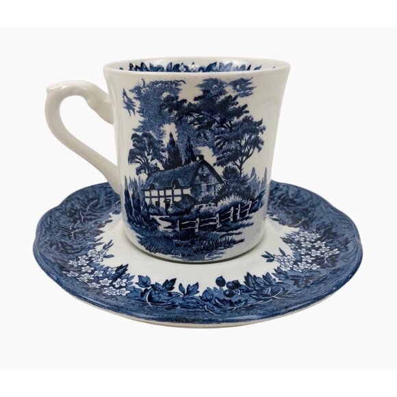 Anne Hathaway Cottage Meakin Romantic England Teacup Saucer Blue White Set - Picture 7 of 10
